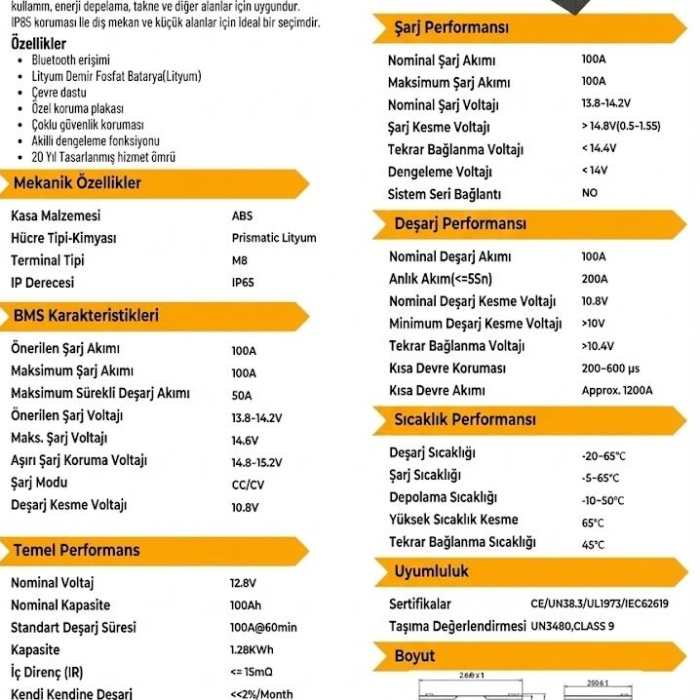 Lexron 12.8 V 100 Ah Lityum Akü