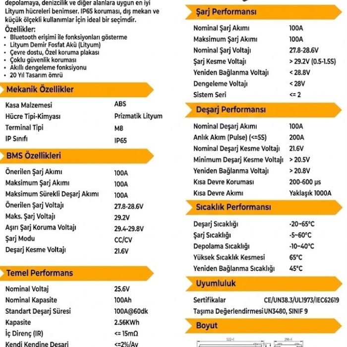 Lexron 25.6 V 100 Ah Lityum Akü