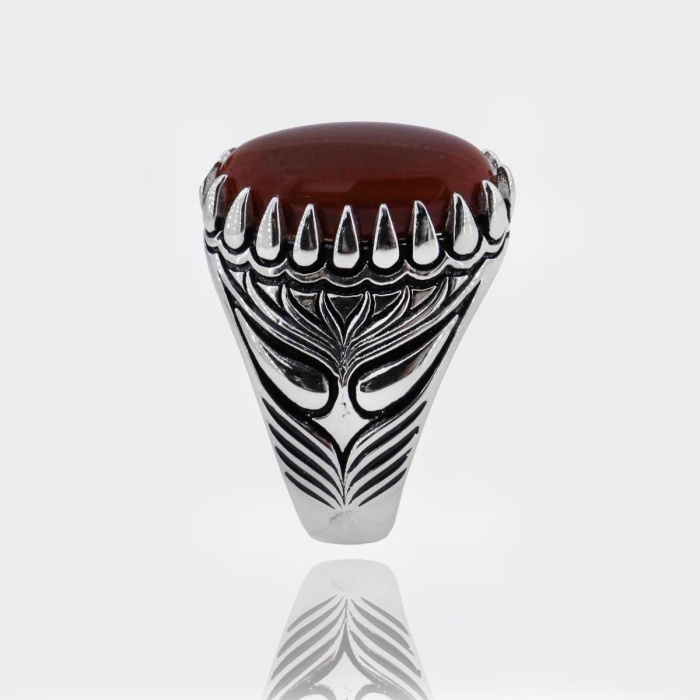 Oval  Akik  Taşlı Damla Motifli Gümüş Erkek Yüzük