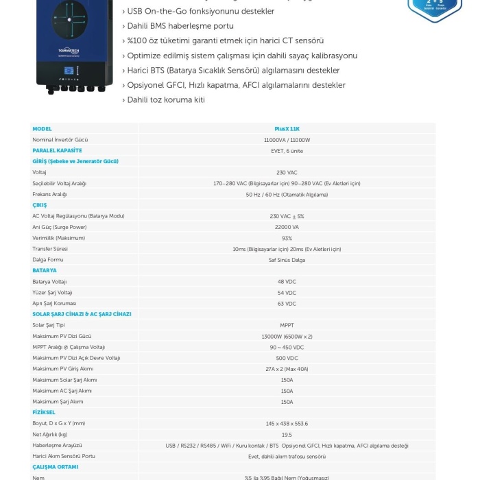 TommaTech 11 KW 48V PlusX Mppt Akıllı İnverter