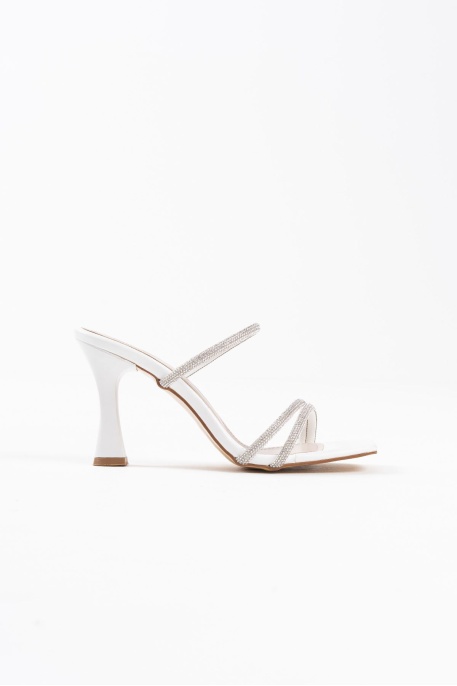 Alvina Beyaz Taşlı İnce Bantlı Kadın Topuklu Terlik