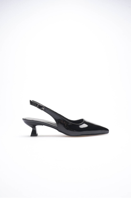 Kadın Siyah Rugan Sivri Burun Slingback Kısa Topuklu Ayakkabı TR20MS04E
