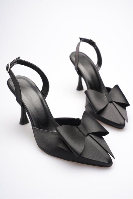 Kadın Siyah Fiyonklu Saten Slingback Topuklu Ayakkabı TR40MS01A