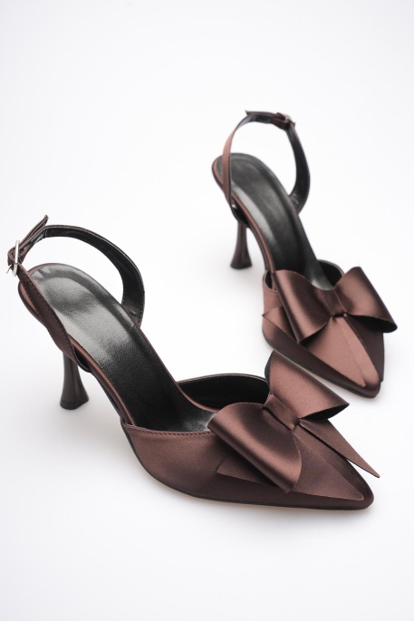 Kadın Acı Kahve Fiyonklu Saten Slingback Topuklu Ayakkabı TR40MS01C