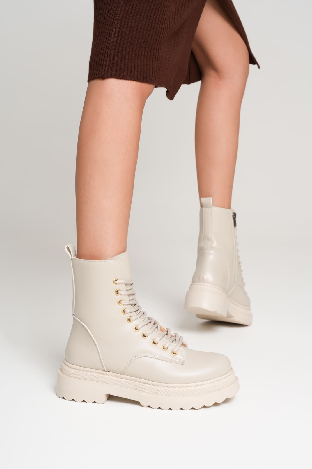 Karma Özel Tasarım Kışlık Bej Kalın Tabanlı Kadın Bot