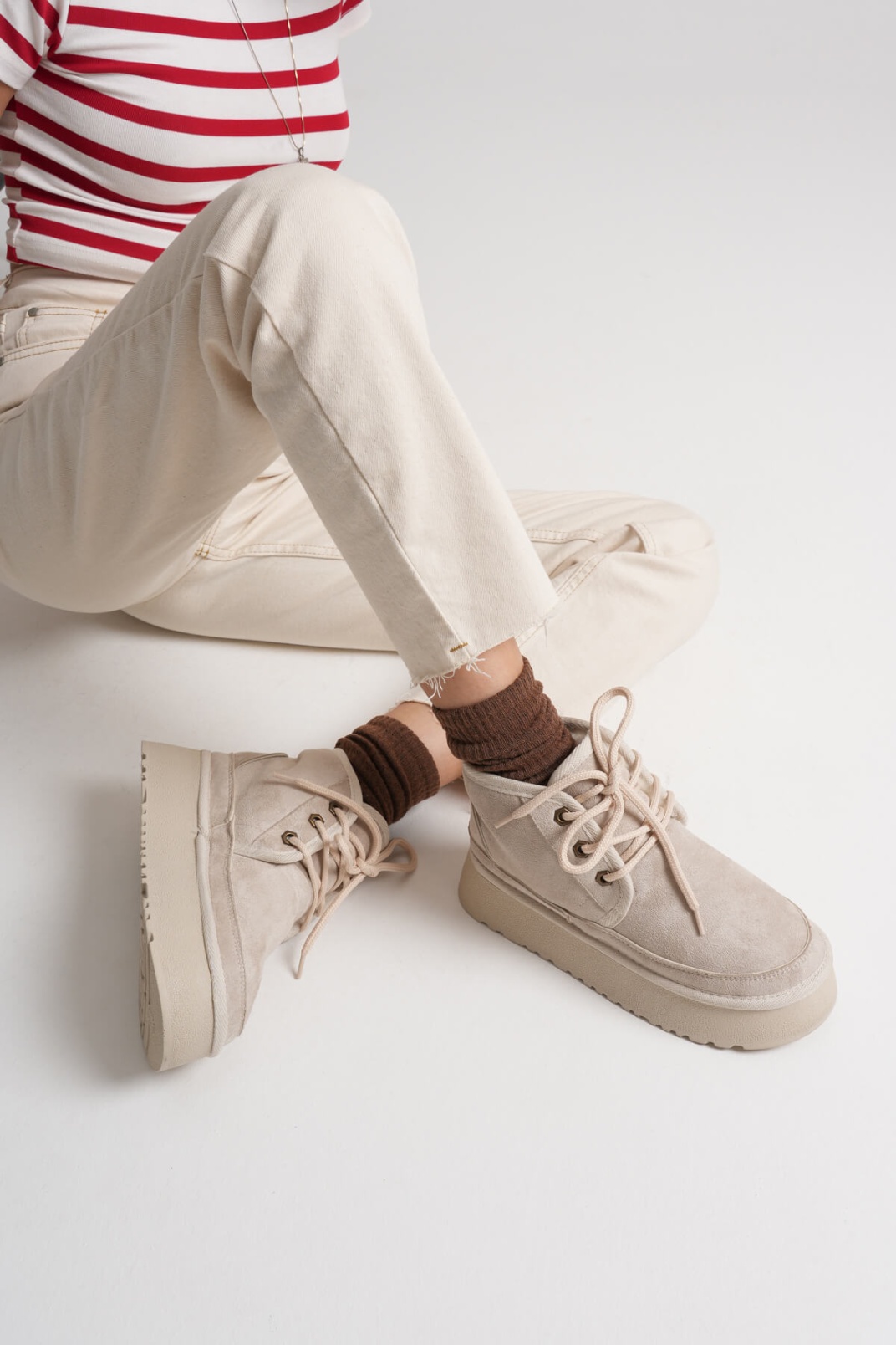 Elena Kadın Bej Kışlık İçi Kürklü Kalın Taban Bot