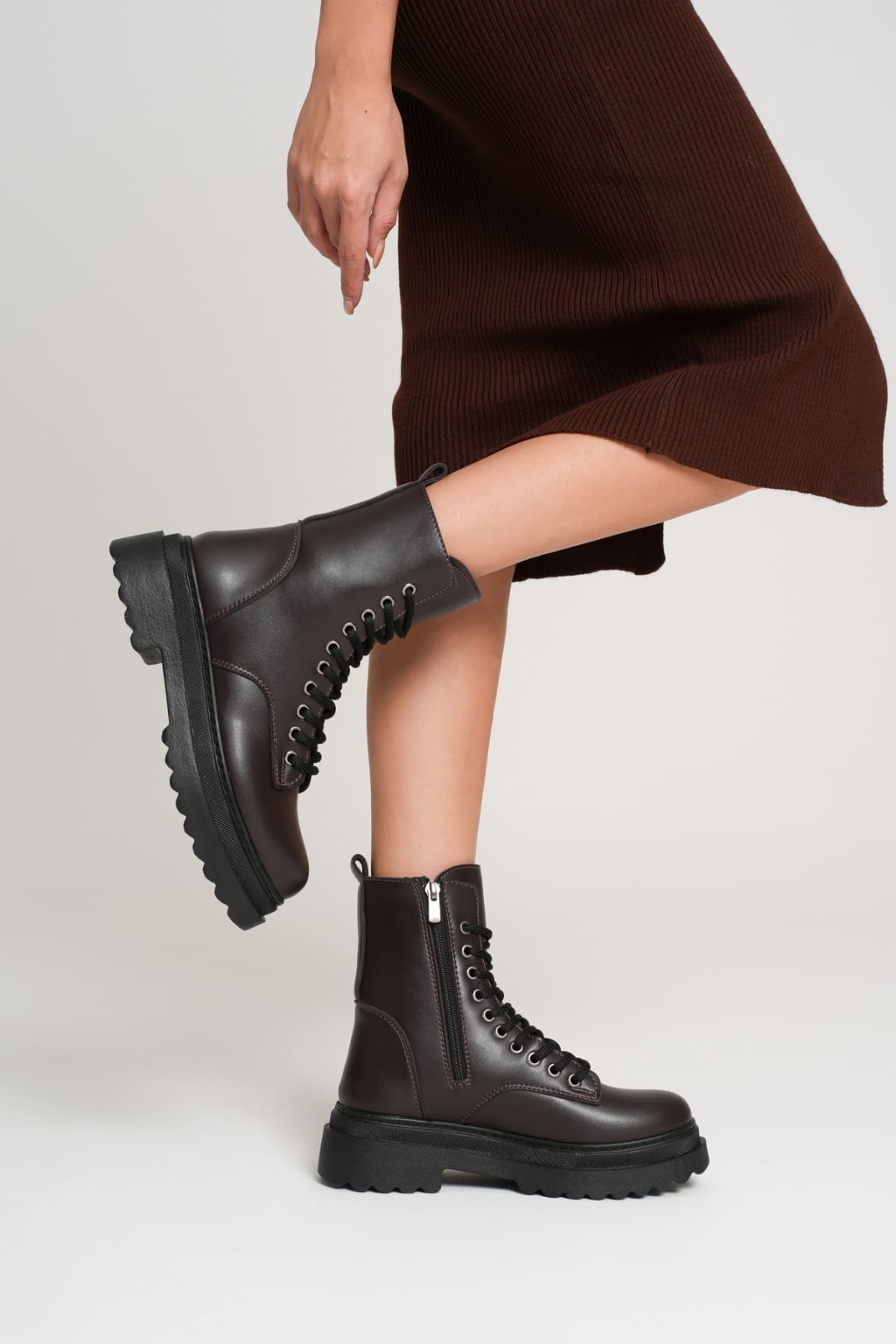 Karma Özel Tasarım Kışlık Acı Kahve Kalın Tabanlı Kadın Bot