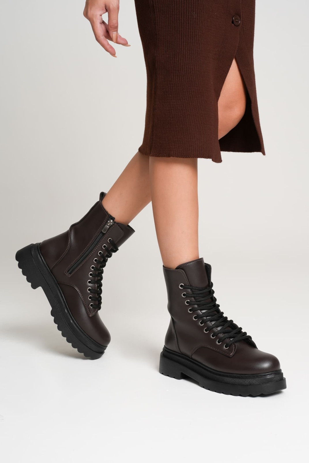 Karma Özel Tasarım Kışlık Acı Kahve Kalın Tabanlı Kadın Bot