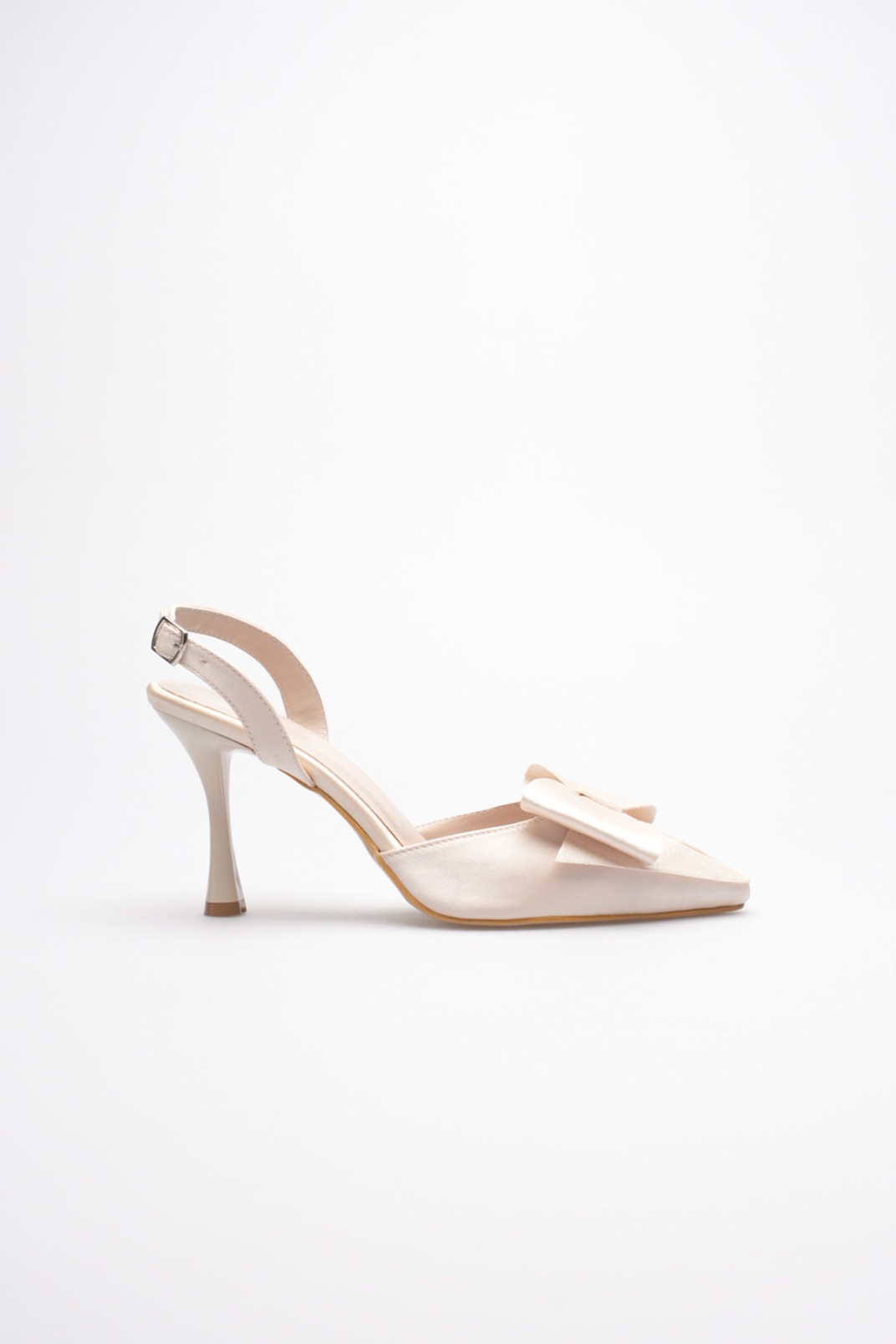 Kadın Bej Fiyonklu Saten Slingback Topuklu Ayakkabı TR40MS01B