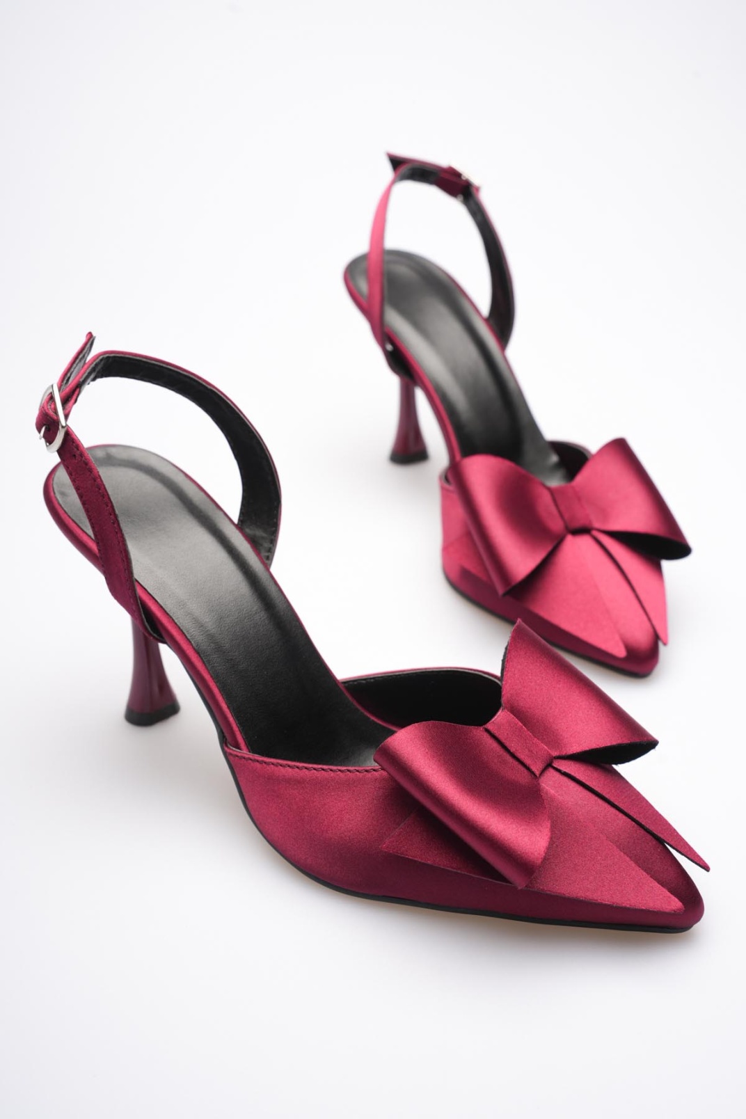 Kadın Bordo Fiyonklu Saten Slingback Topuklu Ayakkabı TR40MS01D