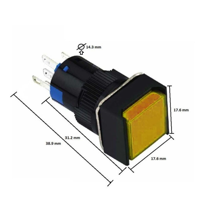 16mm Kalıcı Buton / Anahtar Sarı 1NO/1NC Kare