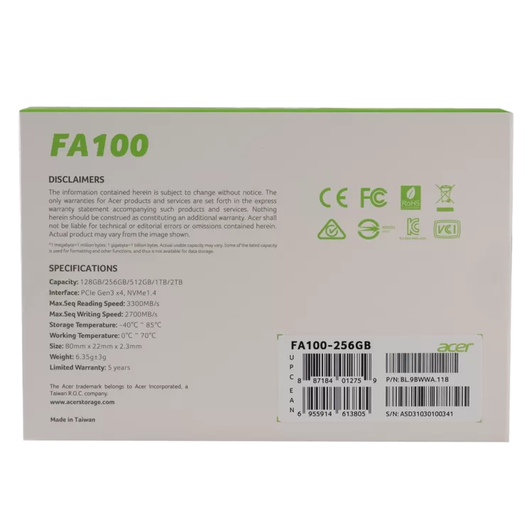 ACER Acer FA100 PCIe NVMe 256GB Çevre Birimleri