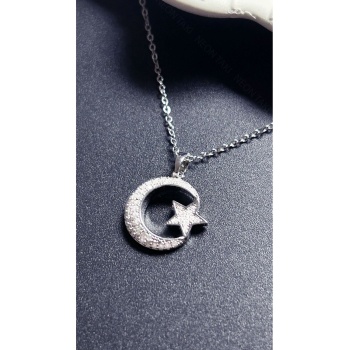 Kolye, Zirkon Taşlı, Kararmayan Paslanmaz Çelik, Ay ve Yıldız Detaylı, Gümüş Renk, Model402