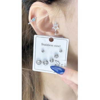 Zirkon Taşlı, Çoklu, Paslanmaz Çelik Küpe 467, Gümüş Renk