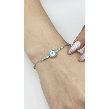 Bileklik, Zirkon Taşlı, Kararmayan Paslanmaz Çelik, Nazar Detaylı, Gümüş Renk, Model491