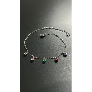 Damla Model , Renkli Taşlı, Paslanmaz Çelik Halhal 30, Gümüş Renk