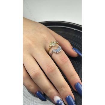 Zirkon Taşlı, Ay ve Güneş Arkadaşlık Yüzüğü 155, Gümüş ve Altın Renk, Ayarlanabilir