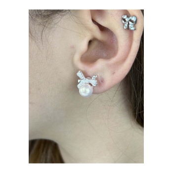 Küpe, Kurdela ve İnci Detaylı, Gümüş Renk, Model591