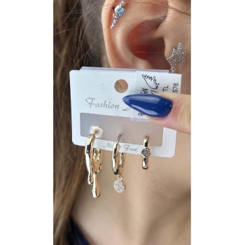 Küpe, Zirkon Taşlı, Çoklu, Damlayan Lav Detaylı, Altın Renk, Model578