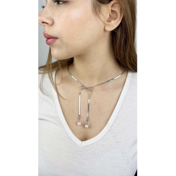 Kolye, Kararmayan Paslanmaz Çelik, Kurdela ve İnci Detaylı, Gümüş Renk, Model356