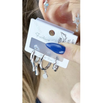 Küpe, Zirkon Taşlı, Çoklu, Damlayan Lav Detaylı, Gümüş Renk, Model577