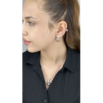 Zirkon Taşlı, Küpe Ve Kolye, Platinyum Kaplama Çelik Set 42, Gümüş Renk