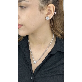 Zirkon Taşlı, Baget Model, Küpe Ve Kolye, Paslanmaz Çelik Set 37, Gümüş Renk