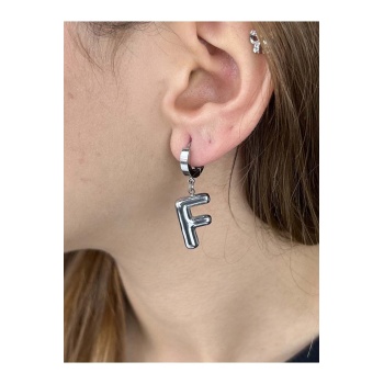 Harf Küpe, Kararmayan Paslanmaz Çelik, F Harf, Balon Formlu, Gümüş Renk, Model293