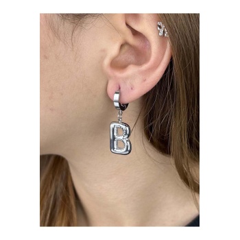 Harf Küpe, Kararmayan Paslanmaz Çelik, B Harf, Balon Formlu, Gümüş Renk, Model289