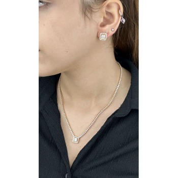 Set, Zirkon Taşlı, Kararmayan Paslanmaz Çelik, Kolye ve Küpe, Baget Model, Altın Renk, Model14