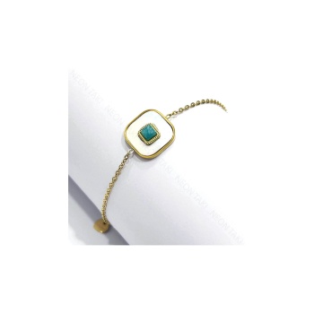 Beyaz Sedefli Ve Yeşil Boncuklu, Paslanmaz Çelik Halhal 7, Altın Renk