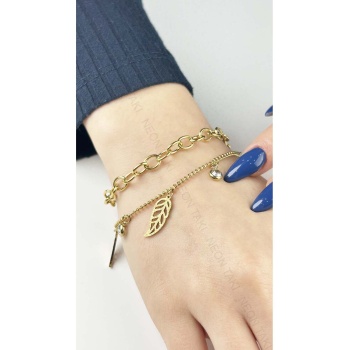 Bileklik, Kararmayan Paslanmaz Çelik, Çift Zincir, Yaprak ve İnci Detaylı, Altın Renk, Model133