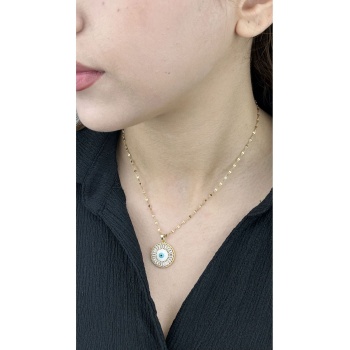 Zirkon Taşlı, Göz Figürlü, Paslanmaz Çelik Kolye 55, Altın Renk