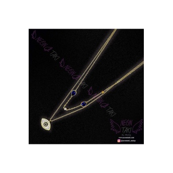 Çift Zincir, Zirkon Taşlı, Göz Figürlü, Paslanmaz Çelik Kolye 97, Altın Renk