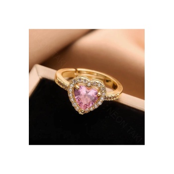 Zirkon Taşlı, Kalp Figürlü, Pan Yüzük 1, Kasa Altın Renk, Ayarlanabilir