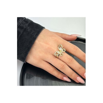 Xxx Kelebek Figürlü, Zirkon Taşlı Yüzük 49, Altın Renk, Ayarlanabilir