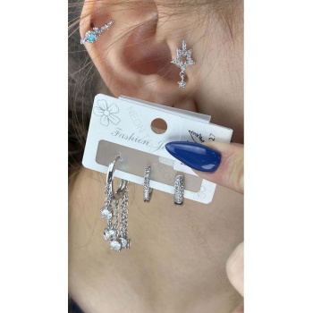 Çoklu Küpe, Zirkon Taşlı, Sallantılı Ve Halka Model, Gümüş Renk