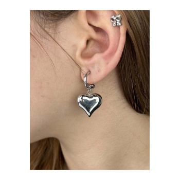 Küpe, Kararmayan Paslanmaz Çelik, Kalp Detaylı, Gümüş Renk, Model419