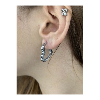 Zirkon Taşlı, Kalp Formlu, Halka Model, Paslanmaz Çelik Küpe 405, Gümüş Renk