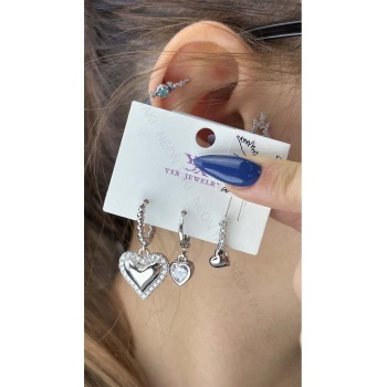 Çoklu Küpe, Zirkon Taşlı, Kalp Figürlü, Sallantılı, Küpe 287, Gümüş Renk