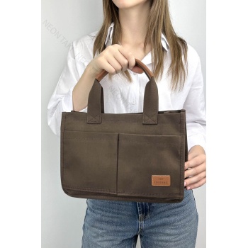 Kanvas Kumaş, İki adet Ön Cepli Tote El ve Omuz Çantası Acı Kahve, 69