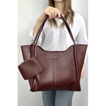 Cüzdan Detaylı, Fermuarlı El ve Omuz Çantası Bordo Renk, 73