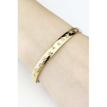 Kelepçe Bileklik, Zirkon Taşlı, Kararmayan Paslanmaz Çelik, Yıldız Detaylı, Altın Renk, Model178