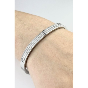 Zirkon Taşlı, Paslanmaz Çelik Kelepçe 186, Gümüş Rengi