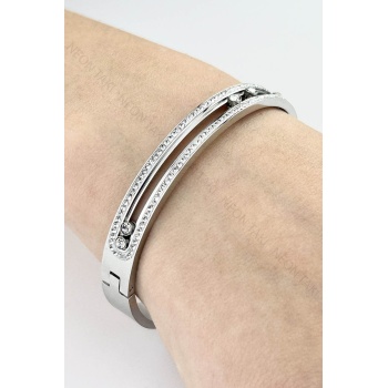 Zirkon Oynar Taşlı, Paslanmaz Çelik Kelepçe 187, Gümüş Renk