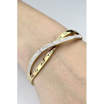 Zirkon Taşlı, Roma Rakamlı, Paslanmaz Çelik Kelepçe 189, Altın Rengi