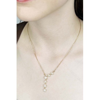 Zirkon Taşlı Yıldızlı Y kolye, Paslanmaz Çelik Kolye 407, Altın Renk