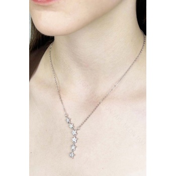 Zirkon Taşlı Yıldızlı Y kolye, Paslanmaz Çelik Kolye 408, Gümüş Renk