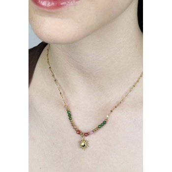 Renkli Taşlı, Paslanmaz Çelik Kolye 409, Altın Renk