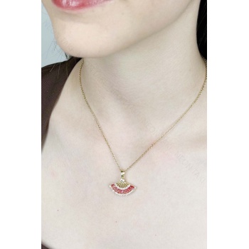 Kolye, Zirkon Taşlı, Kararmayan Paslanmaz Çelik, Yelpaze Detaylı, Altın Renk, Model413